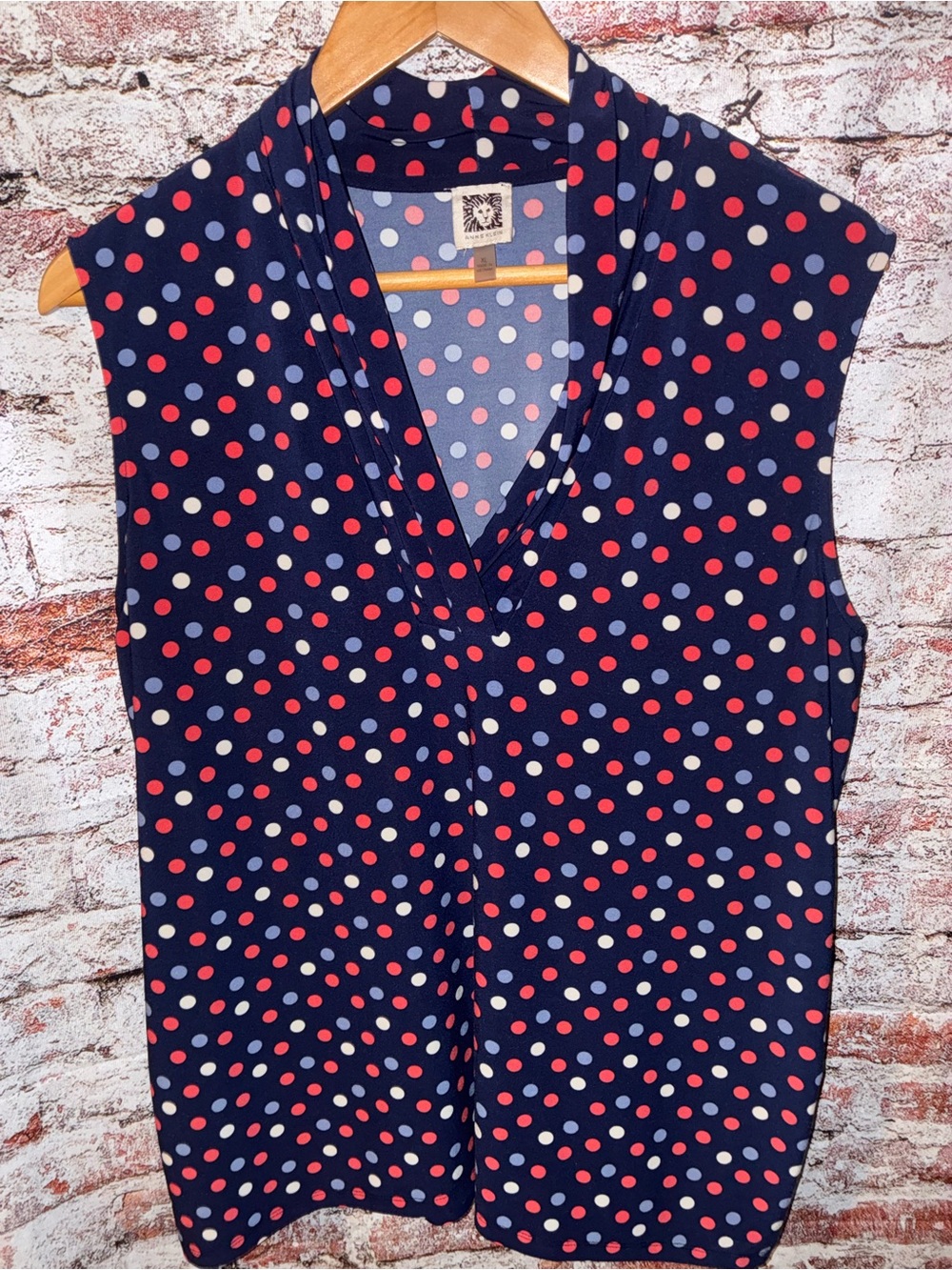 Polka Dot Sleeveless V-Neck Top - Navy with Red & Cream Dots